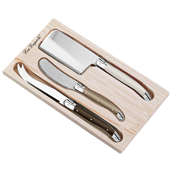 A Lou Laguiole Tradition 3-piece cheese knife set in a wooden box.