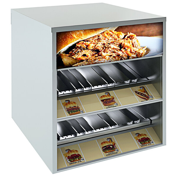 A white LTI countertop heated display with sandwiches and other food on the shelves.