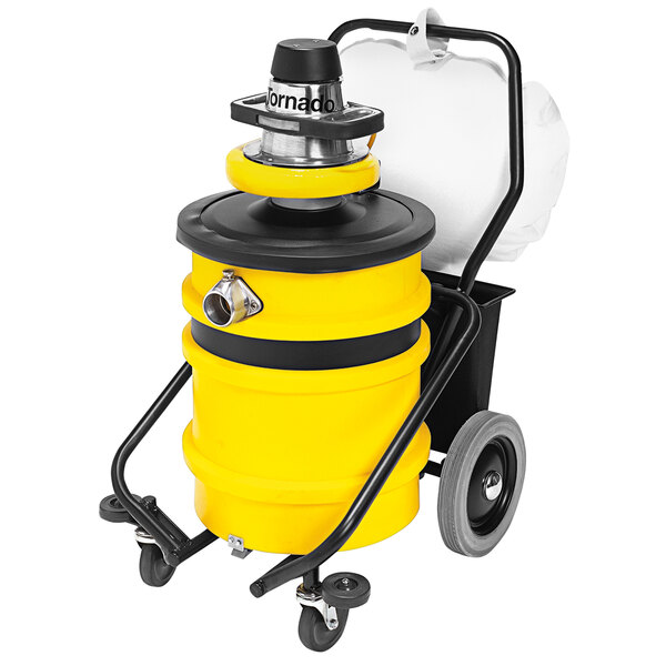 A yellow and black Tornado Taskforce wet/dry vacuum cleaner on wheels.