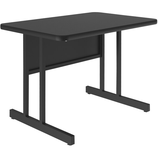 A black rectangular desk with a black top and frame.