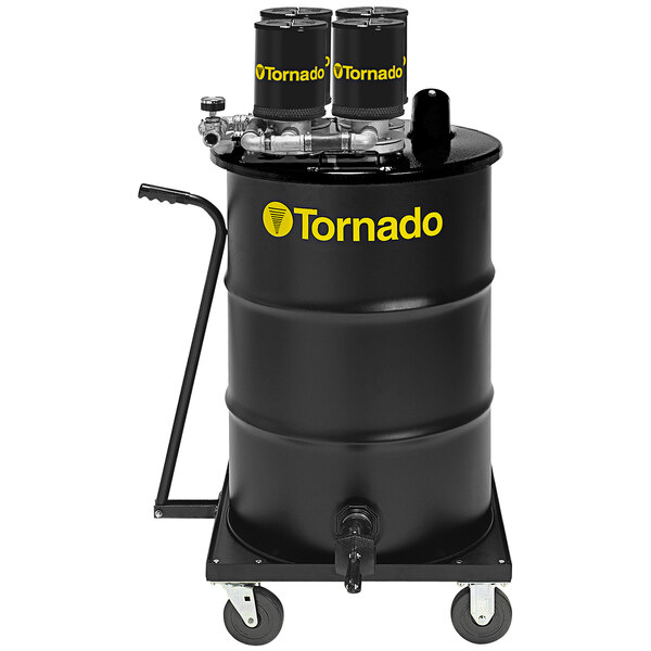A black Tornado drum with yellow text.