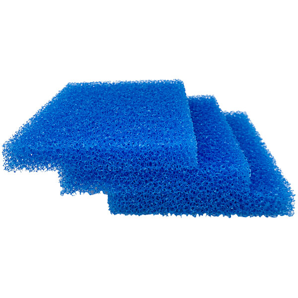 A stack of three blue Tornado foam filters.