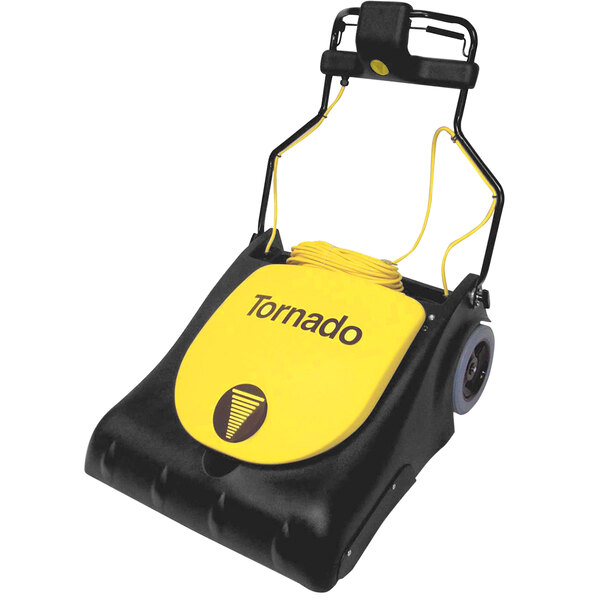 A black and yellow Tornado wide area vacuum cleaner.