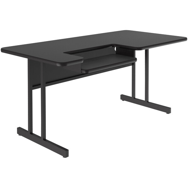 A black Correll computer and training desk with a bi-level black top and black legs.