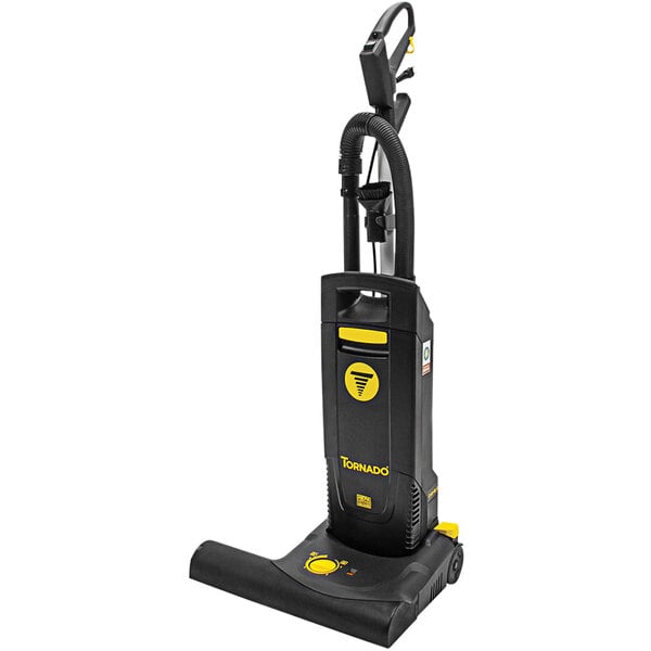 A black and yellow Tornado 91442 upright vacuum cleaner.