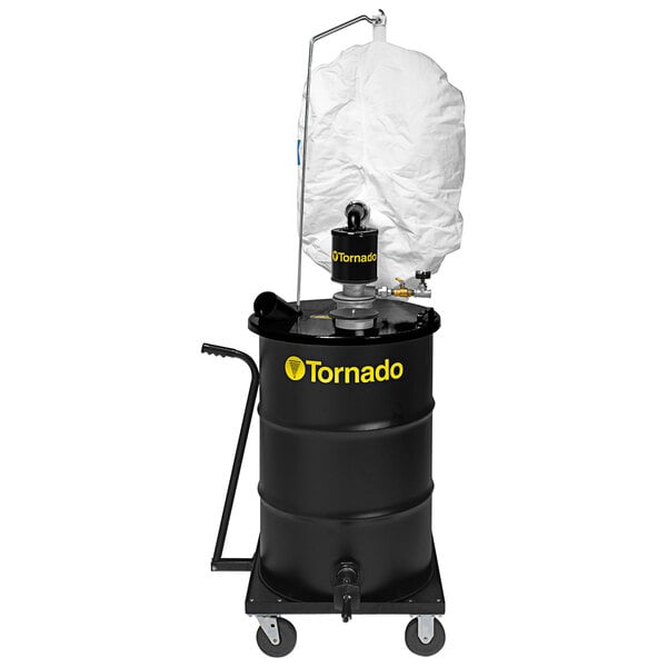 A black Tornado industrial vacuum with a white cover.