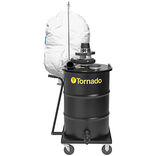 A black Tornado wet/dry vacuum drum with a white lid.