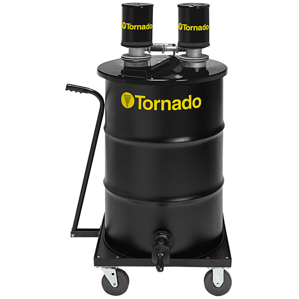 A black and yellow Tornado 55 gallon wet industrial vacuum with wheels.