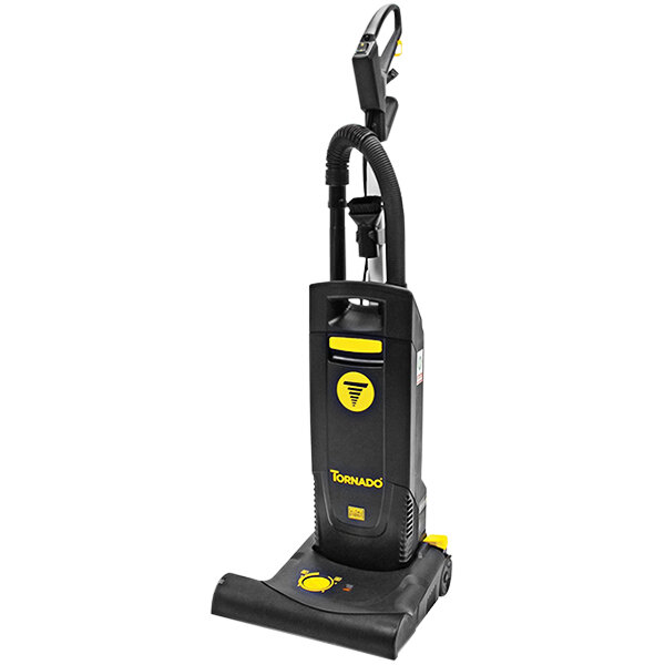 A black and yellow Tornado vacuum cleaner.