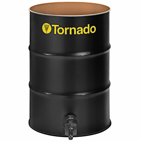 A black barrel with yellow text that reads "Tornado"