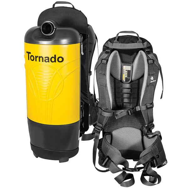 A yellow and black Tornado Aircomfort backpack vacuum with a large tank.