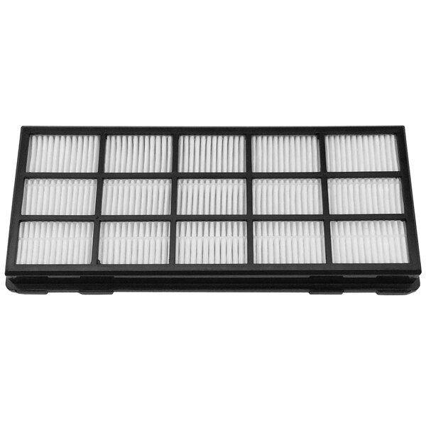 A rectangular black and white air filter with four rows of grids.