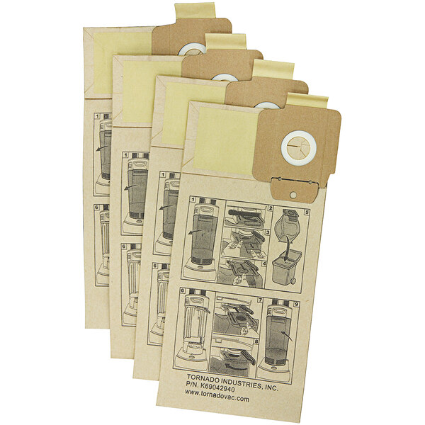 A group of brown Tornado paper bags with circular designs and images of instructions.
