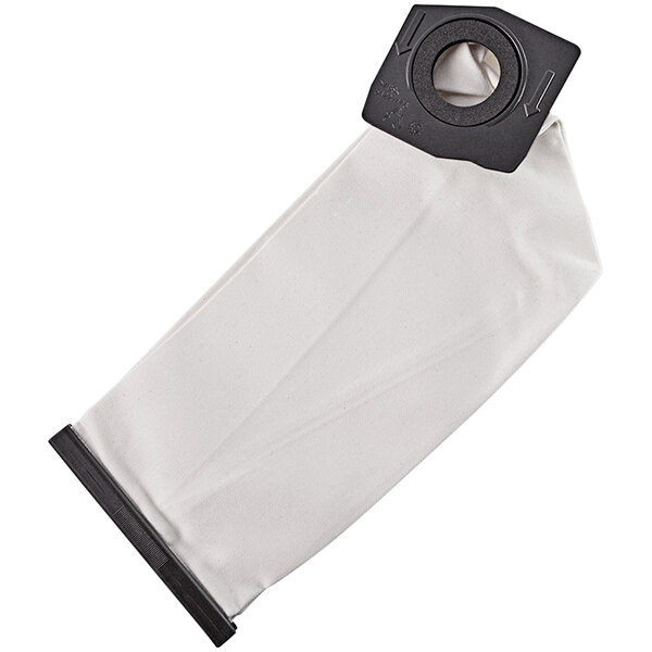 A white cloth filter bag for a vacuum with a hole in it and a black circular handle.
