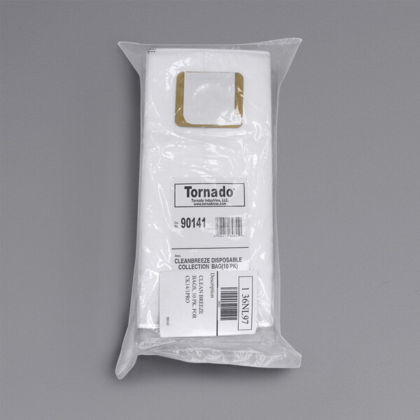 A package of Tornado CleanBreeze disposable vacuum bags with a white plastic bag and label.