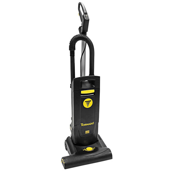 A black and yellow Tornado upright vacuum cleaner.