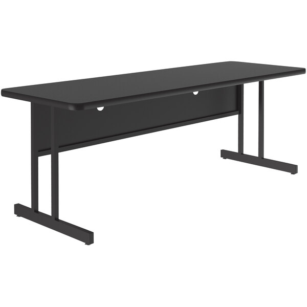A black rectangular Correll computer and training desk with a black granite finish top and legs.
