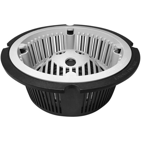 A black and white circular drain strainer with a metal cover.