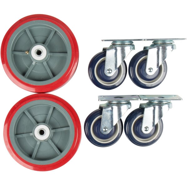 A group of Lavex casters with red and grey wheels.