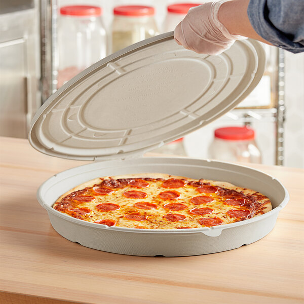 World Centric 14 Compostable Fiber Round Clamshell Pizza Container -  100/Case
