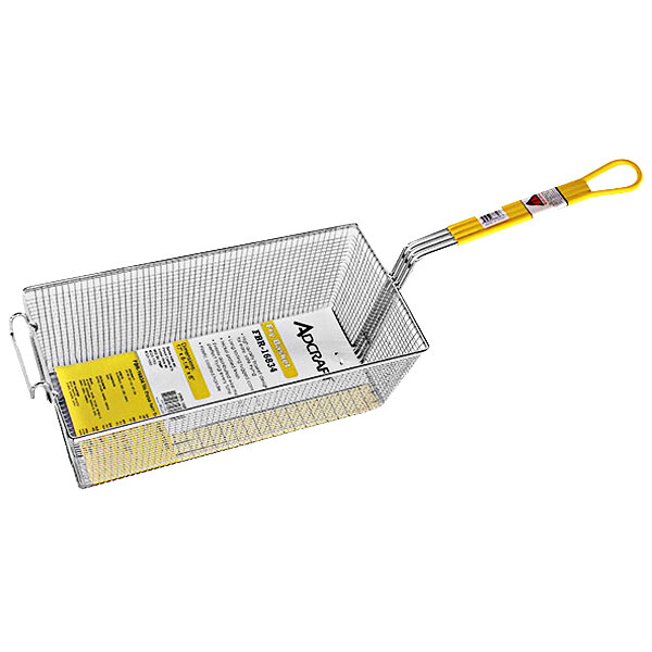 A wire fryer basket with a yellow coated handle.