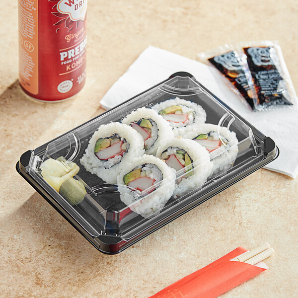 World Centric clear PLA sushi in a plastic takeout container with lid.