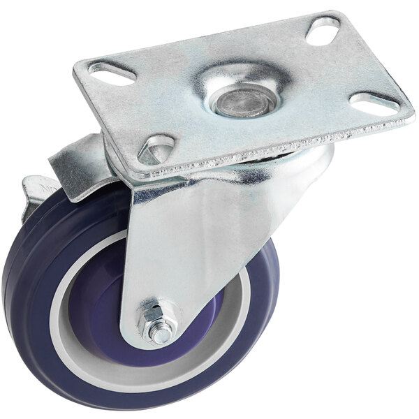 A metal swivel plate caster with a blue wheel.