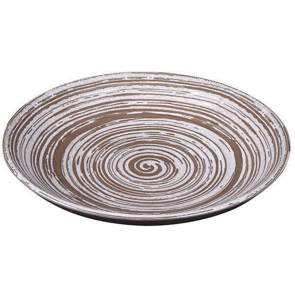 A white melamine bowl with a matte white swirl design.