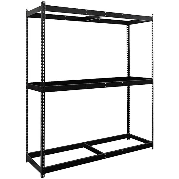 A black metal Hallowell boltless shelving unit with four shelves.