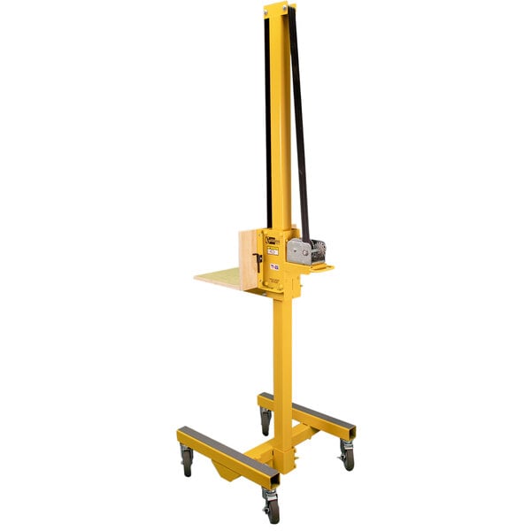 A yellow metal Paragon Pro Cabinet Lift with wheels and a black handle.