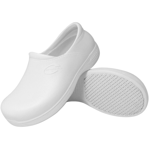 A pair of white Genuine Grip waterproof non-slip clogs.