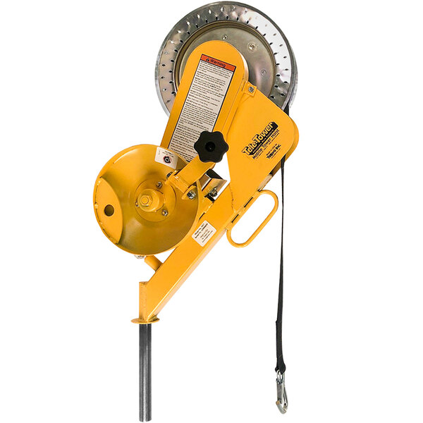 A yellow Paragon Pro Tele-Tower Bucket Hoist with a chain hook.