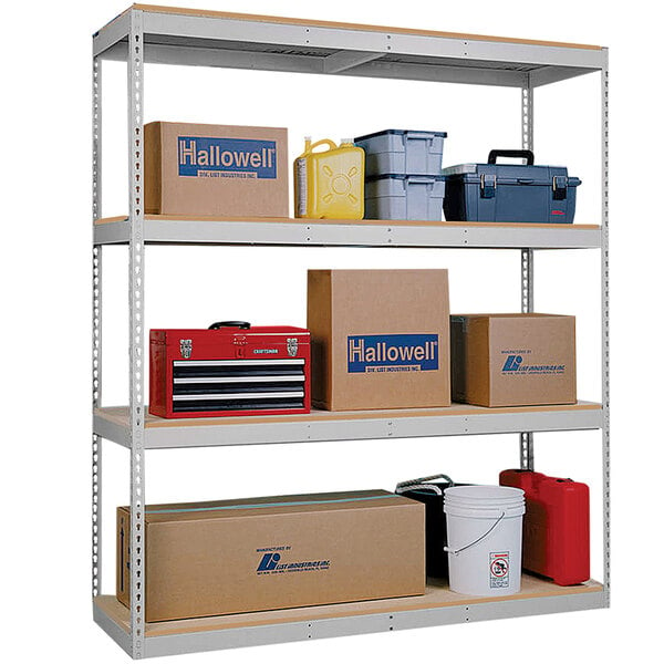 A Hallowell tan metal boltless shelving unit with boxes and tools on it.