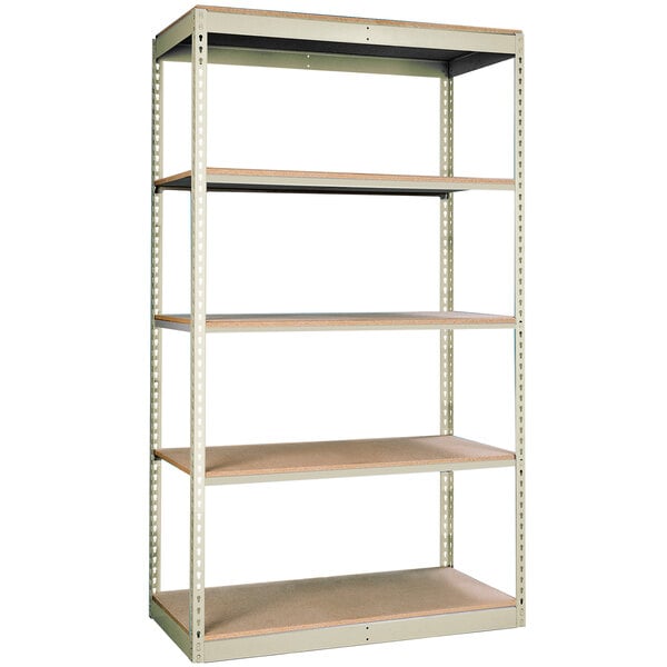 A tan Hallowell boltless metal shelving unit with four shelves.
