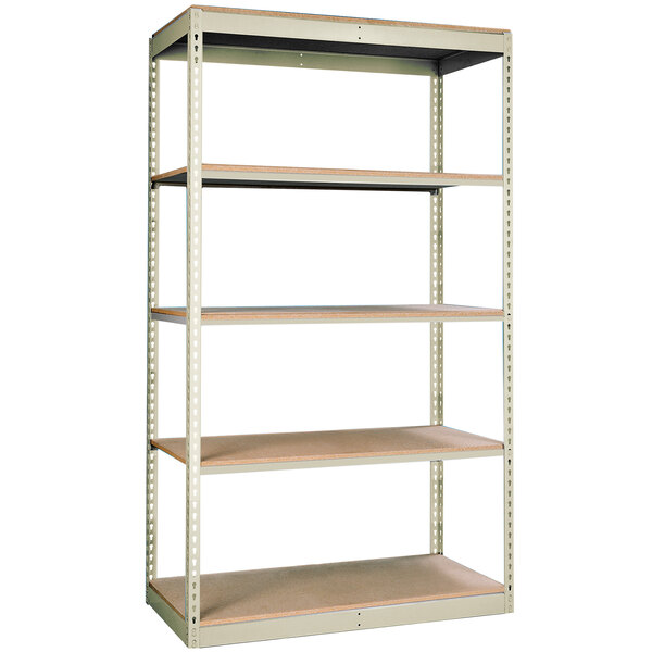 A tan Hallowell boltless metal shelving unit with five shelves.