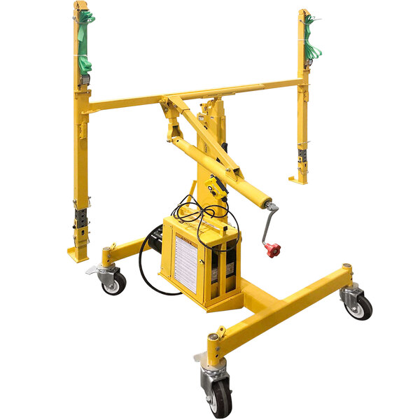 A yellow Paragon Pro Manufacturing Solutions elevator canopy lift with wheels.
