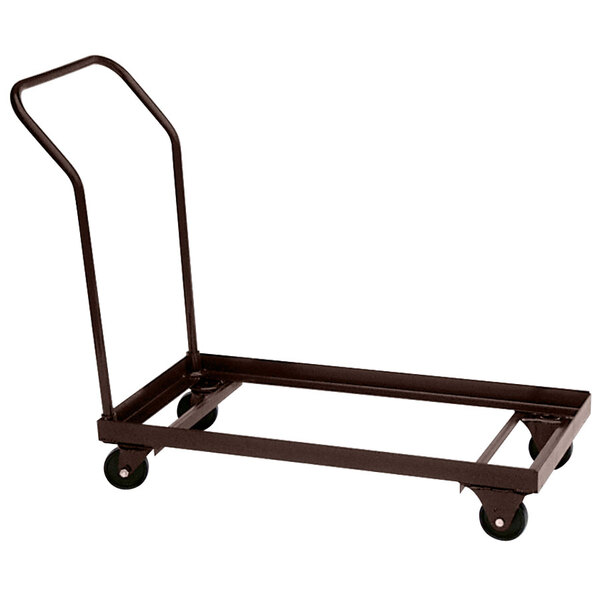 A brown metal cart with black wheels.