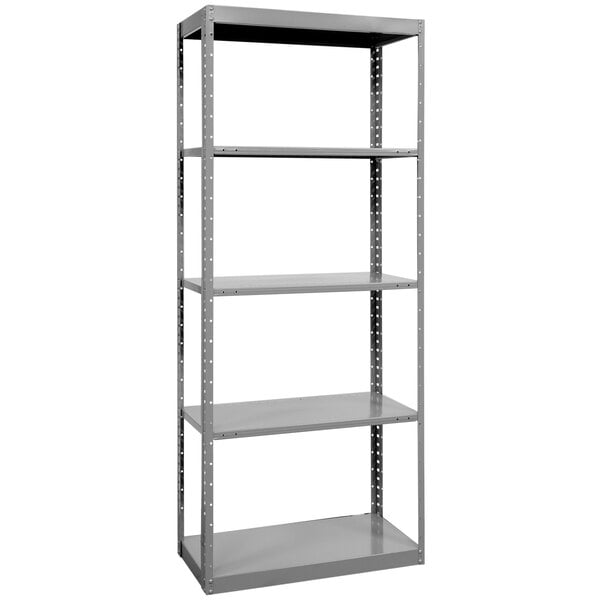 A grey metal Hallowell boltless shelving unit with four shelves.