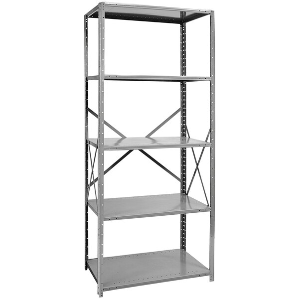 A grey metal Hallowell Hi-Tech boltless shelving unit with five shelves.