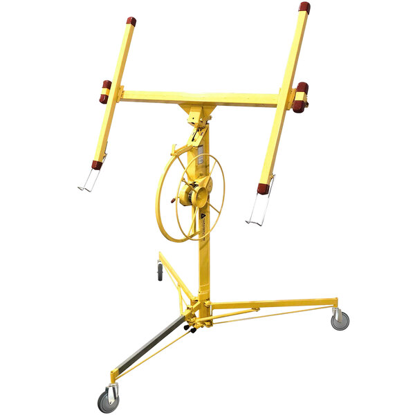 A yellow metal Paragon Pro Manufacturing Solutions Panellift with wheels.
