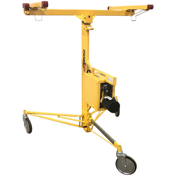 A yellow Paragon Pro Manufacturing Solutions Panellift drywall lift with wheels.