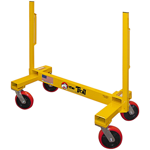 A yellow Paragon Pro drywall cart with red wheels.