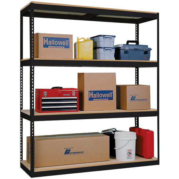 A black Hallowell boltless shelving unit with boxes on a shelf.