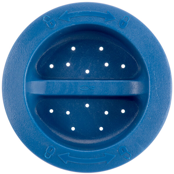 A blue plastic container with holes and arrows.