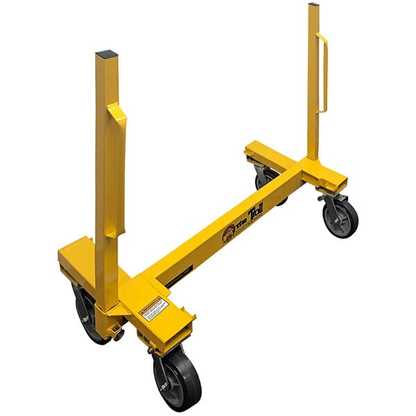 A yellow metal trolley with black wheels.