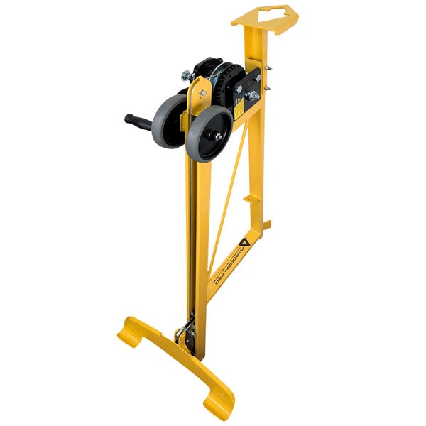 A yellow Paragon Pro Manufacturing Solutions Panellift drywall lift loader with black wheels.