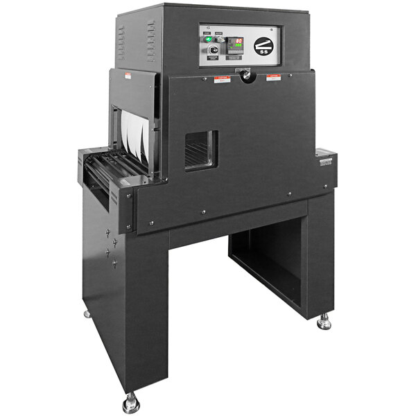 A black Sealer Sales shrink tunnel machine with a white panel.