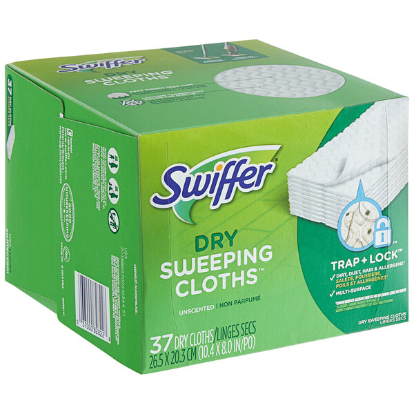 A box of Swiffer Sweeper dry multi-surface sweeping cloths.