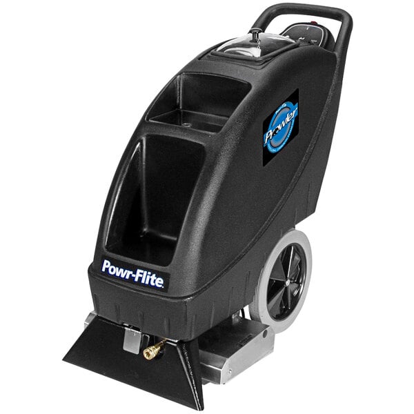 A black Powr-Flite Prowler carpet extractor with wheels.
