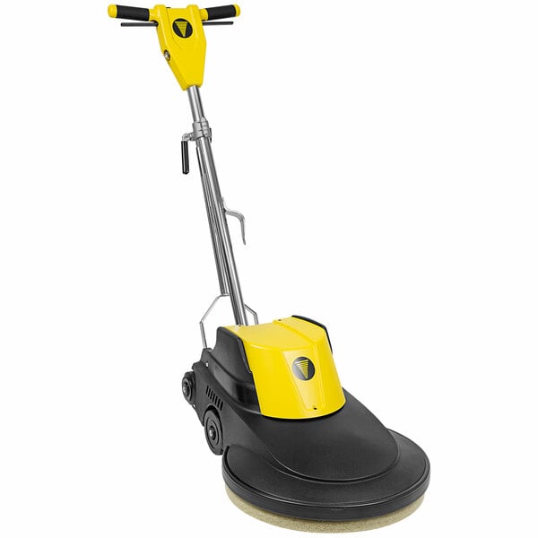 A yellow and black Tornado Brute Force floor burnishing machine with a black handle.